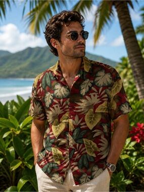 Campia Men’s Hawaiian Shirt Sz M Tropical Leaf Print Button Front NWT